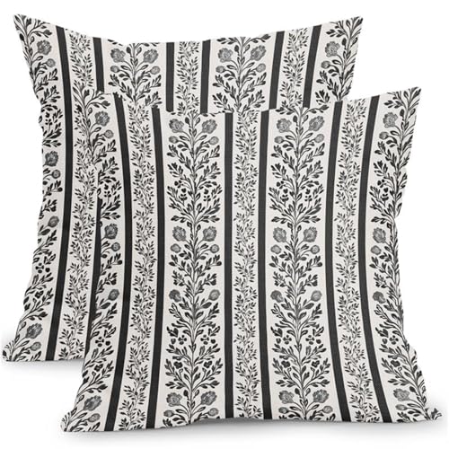 Kawani Kissenbezüge mit schwarzem Blumenmuster, 45,7 x 45,7 cm, Set mit 2 Stück, rustikale schwarze und cremefarbene Blume, dekorative Zierkissenbezüge für den Außenbereich, Couch-Dekoration von Kawani