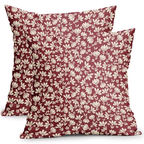 Kawani Weinrot und cremefarbene Kissenbezüge mit Blumenmuster, 45,7 x 45,7 cm, 2 Stück, Vintage-Blume, für den Außenbereich, dekorativer Überwurfkissen, kleiner Blumendruck, rustikaler von Kawani