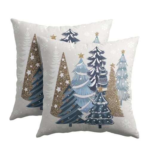 Kawani Winterblaue Bäume-Kissenbezüge, 45,7 x 45,7 cm, Set mit 2 weihnachtlichen Schneeflocken, Kiefernwald, Baumwollleinen, Bauernhaus, dekorativer Kissenbezug für Zuhause, Sofa, Couch von Kawani