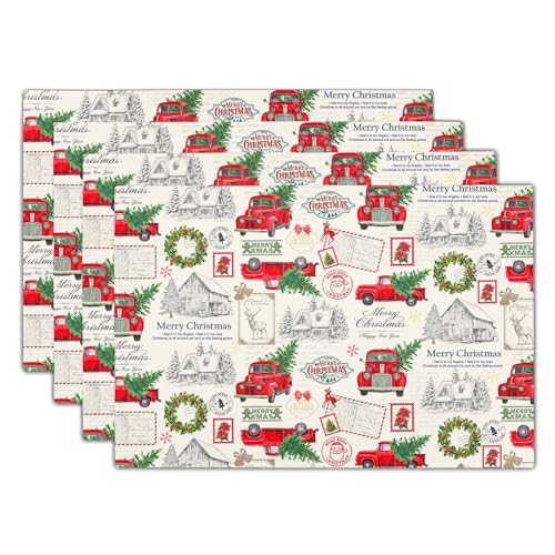 Weihnachtliche Platzsets mit rotem LKW, 4 Stück, Weihnachtsbaum-Muster, 30,5 x 45,7 cm, saisonaler Winterurlaub, waschbare Tischsets für Zuhause, Party, Küche, Esszimmer von Kawani