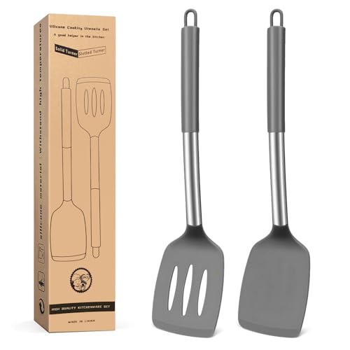 Pfannenwender, Silikon Küchenhelfer lebensmittelechtem Silikon Silicone Spatula Set Hitzebeständig zum Kochen Backen Wenden, Spülmaschinenfest, starker Edelstahl-Kern2 von Kawaology