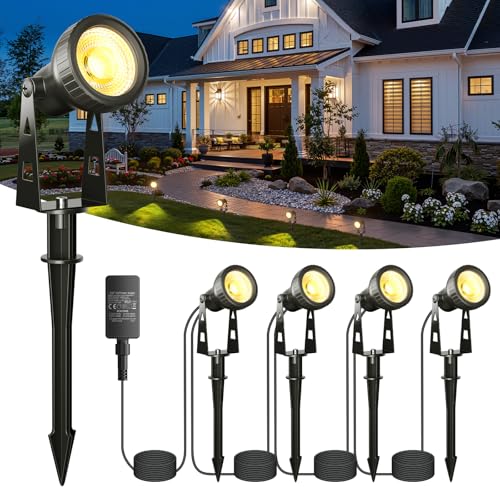 Kawaya Gartenbeleuchtung 4Pcs Gartenlampen für Draußen Strom 36V/12W Gartenleuchten 3200K Led Gartenstrahler Außen Ip68 Wasserdicht 14M Gartenlampe mit Erdspieß 270° Drehbar Gartenstrahler Strahler von Kawaya