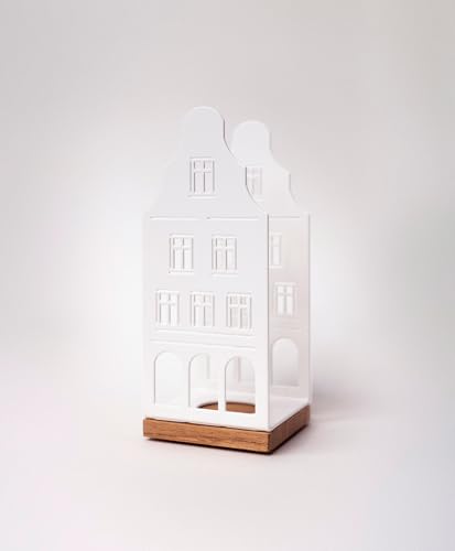 KAWENTSMANN Windlicht Metall & Holz Nobelstrehle Nr. 1 - Teelichthalter Haus-Motiv - Laterne - Kerzenständer - Kerzenhalter - Deko Windlichter - Tischdeko (RAL 9010 Reinweiß) von Kawentsmann