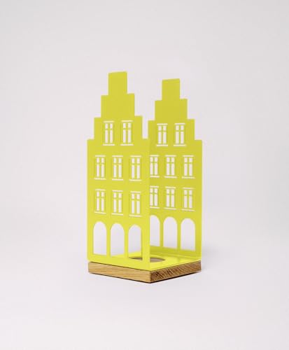 KAWENTSMANN Windlicht Metall & Holz Nobelstrehle Nr. 2 - Teelichthalter Haus-Motiv - Laterne - Kerzenständer - Kerzenhalter - Deko Windlichter - Tischdeko (RAL 1016 Schwefelgelb) von Kawentsmann