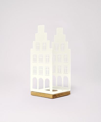 KAWENTSMANN Windlicht Metall & Holz Nobelstrehle Nr. 2 - Teelichthalter Haus-Motiv - Laterne - Kerzenständer - Kerzenhalter - Deko Windlichter - Tischdeko (RAL 9010 Reinweiß) von Kawentsmann