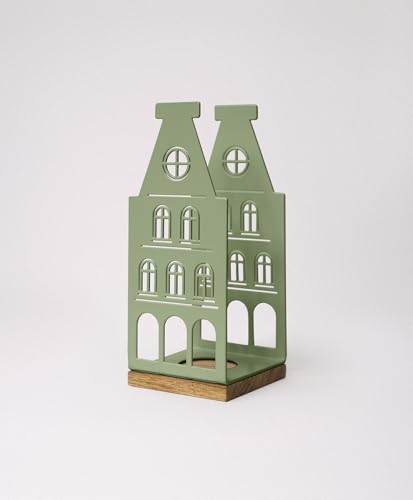 KAWENTSMANN Windlicht Metall & Holz Nobelstrehle Nr. 3 - Teelichthalter Haus-Motiv - Laterne - Kerzenständer - Kerzenhalter - Deko Windlichter - Tischdeko (RAL 6021 Blassgrün) von Kawentsmann