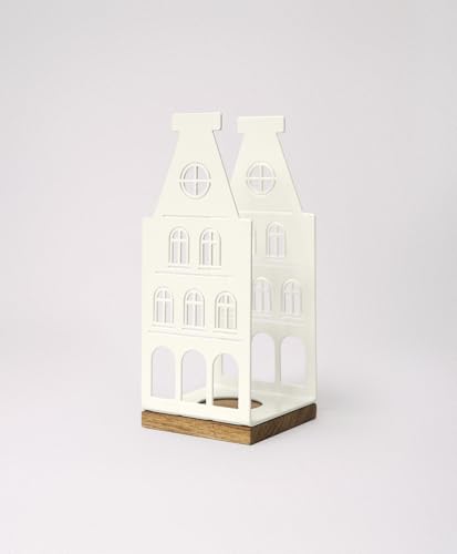 KAWENTSMANN Windlicht Metall & Holz Nobelstrehle Nr. 3 - Teelichthalter Haus-Motiv - Laterne - Kerzenständer - Kerzenhalter - Deko Windlichter - Tischdeko (RAL 9010 Reinweiß) von Kawentsmann