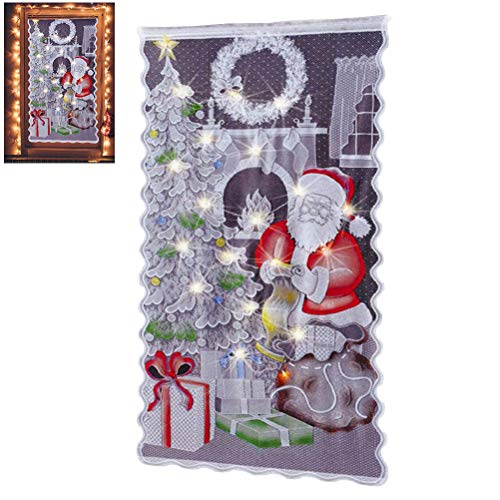 Spitze Vorhänge Scheibengardine mit LED Weihnachten Deko Weihnachtsvorhang Tüll Fenster Behandlung 84 * 40zoll Weihnachtsmann Christmas Gardine von Kawosh