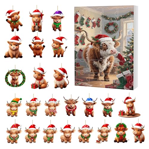 Highland Cow Adventskalender 2025-24 Tage Countdowns Kalender Hochlandrind 2D Acryl Aufhängbare Ornamente | Für Weihnachtsbaum Rucksack Auto Zuhause Fenster Kamin Wohnzimmer Ornament Highland Cow Adventskalender 2025-24 Tage Countdowns Kalender Hochlandrind 2D Acryl Aufhängbare Ornamente | Für Weihnachtsbaum Rucksack Auto Zuhause Fenster Kamin Wohnzimmer Ornament von Kaxenig