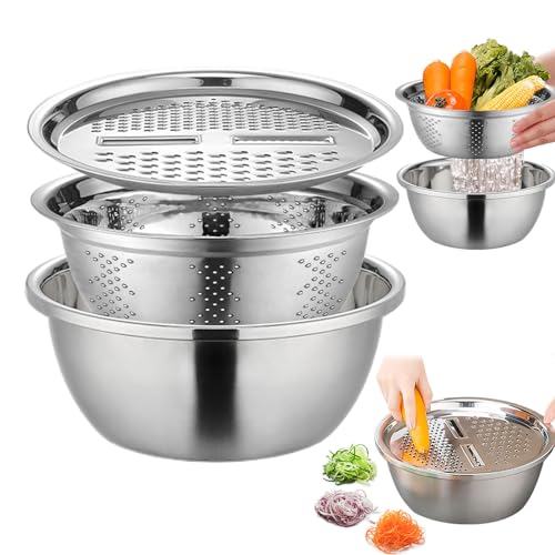 Multifunktionales Edelstahlbecken, Edelstahl Küchenreibe Abflusskorb Und Behälter Schüssel, Edelstahl Seiher Und Schüsselset Küchensieb, Siebe, Becken, Rührschüssel-Set von Kaxenig