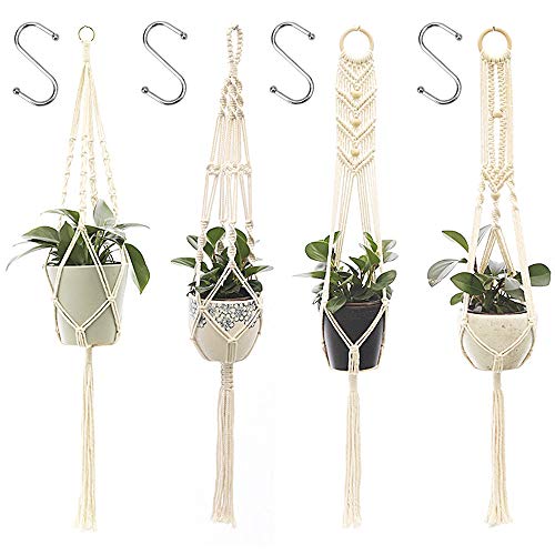 Kaxich 4Stk Makramee Blumenampel Pflanzenhanger Baumwollseil Pflanzen Halter Boho für Innen Außen Decken Balkone Wanddekoration Home Decor von Kaxich