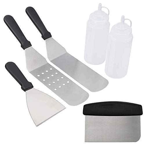 Kaxich 6 Pcs Grillspachtel Plancha Kit Edelstahl BBQ Grillspachtel Set Professionelles Grillbesteck Pfannenwender Spachtel Ölflasche Teppanyaki Besteck für Camping Gusseisengrill, Flachgrill von Kaxich