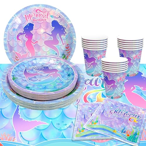 Meerjungfrau Partyzubehör Set,113pcs Meerjungfrau Party Geschirr Meerjungfrau Geburtstag Party Teller Servietten Tasse Tischdecke etc Meerjungfrau Tischdeko Kindergeburtstag für 16 Gäste von Kaxulvoblig