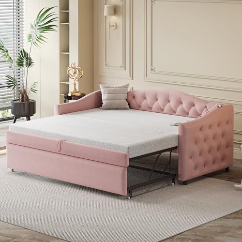 Ausziehbares Schlafsofa 90×200 cm, Polsterbett mit USB-Anschluss, Daybett Tagesbett Sofabett Multifunktionsbett mit Lattenrost, Gästebett Jugendbett aus Samtstoff, Ohne Matratze (Rosa) von Kayan