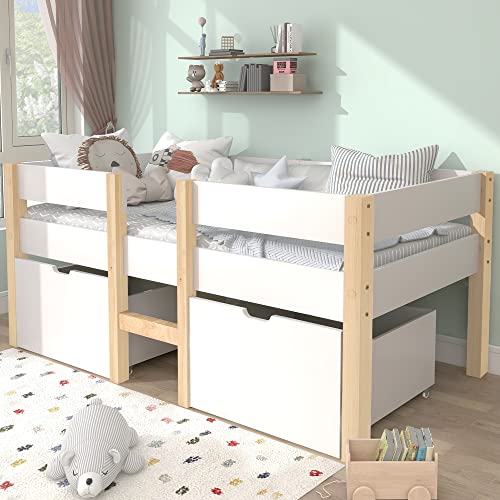 Kayan Bett Kinderbett mit Schublade und Rausfallschutz, Kiefer-Vollholz-90x190 cm-Weiß & Eiche von Kayan