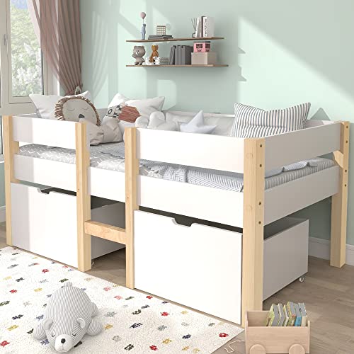 Kayan Bett Kinderbett mit Schublade und Rausfallschutz, Kiefer-Vollholz-90x200 cm-Weiß & Eiche von Kayan