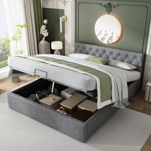 Kayan Bett mit Bettkasten Samt-Stoff Polsterbett Lattenrost Doppelbett Stauraum Holzfuß, 140 x 200cm (Grau) von Kayan
