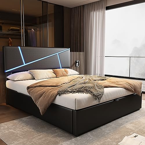 Doppelbett 140x200 cm, Polsterbett mit LED-Kopfteil, Bett mit Lattenrost aus Metallrahmen, Hydraulisch Stauraumbett Rückenlehne Polsterbett Jugendbett Funktionsbett, Kunstleder (140x200cm, Schwarz) von Kayan