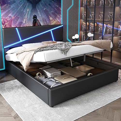 Doppelbett 180x200 cm, Polsterbett mit LED-Kopfteil, Bett mit Lattenrost aus Metallrahmen, Hydraulisch Stauraumbett Rückenlehne Polsterbett Jugendbett Funktionsbett, Kunstleder (180x200cm, Schwarz) von Kayan