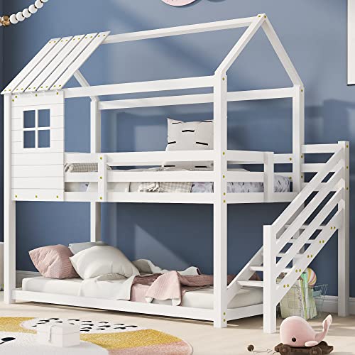 Etagenbett, Bett mit Ecktreppe, Hausbett, Kinderbett mit Fallschutz und Gitter, mit Fenster, Rahmen aus Kiefer (Weiß) von Kayan