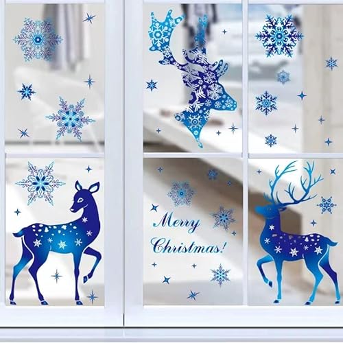 6 Blätter Fensterbilder Weihnachten Fensteraufkleber Wiederverwendbar Selbstklebend Statisch PVC Aufkleber weihnachtsdeko Fenster Schneeflocken Sterne Elchs Wandaufkleber für Türen, Schaufenster von Kayan