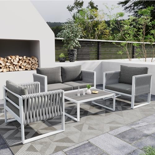 Gartenlounge Set für 3-4 Personen, Gartenmöbel-Set aus Seil, Outdoor Lounge-Set Sitzgruppe mit Kissen und Couchtisch, verstellbare Füße, Terrassenmöbel für Garten Balkon und Terrasse (Weiß) von Kayan