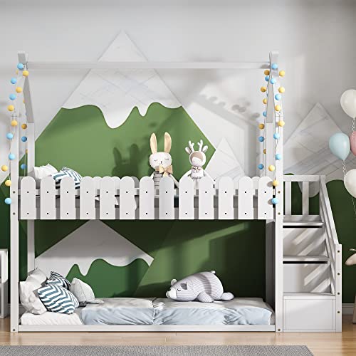 Hochbett mit Treppe & Schubladen, Etagenbett Stockbett für 2 Kinder mit Rausfallschutz und Lattenrost, Massivholz Kinderbett, Jugendbett, Doppelbett Hausbett, 90x200, weiß von Kayan