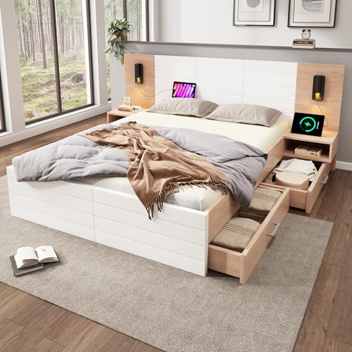 Kayan Doppelbett 140×200 cm, Holzbett mit Schubladen und Nachtschrank, Bettgestell mit Lattenrost aus Holz, Leselicht mit USB Ladefunktion Kopfteil, Stauraumbett Jugendbett Bettkasten, Ohne Matratze von Kayan