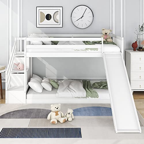 Kayan Etagenbett mit Treppe und Rutsche, Rahmen aus massivem Kiefernholz, Kinderbett mit 2 Schubladen in der Treppe, 90x200cm, Weiß von Kayan