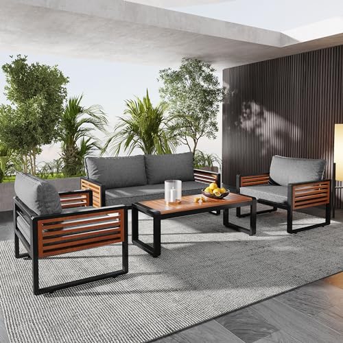 Kayan Gartenlounge Gartenmöbel Möbelsets Gartensofa Loungemöbel Loungetisch Terrassenmöbel mit verzinktem Eisenrahmen (4-teiliges Esstisch-Set, 1x2-Sitzer-Sofa, 2X Einzelstühle, 1x Tisch) Grau von Kayan