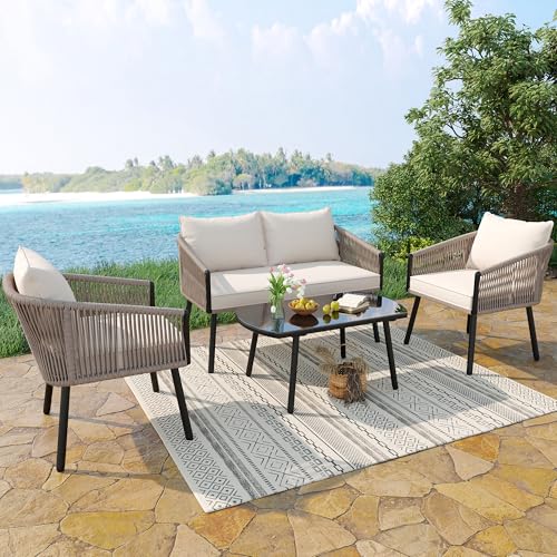 Kayan Gartenmöbel Set 4 Personen Verzinkter Stahl wetterfest Balkonmöbel-Set mit 2er Sofa, 2 Sessel Glastisch Sitzkissen Outdoor Sitzgruppe Terrassenmöbel Gartengarnitur für Garten Terrasse Balkon von Kayan