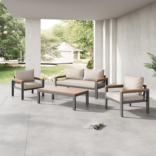 Kayan Gartenlounge Set für 3-4 Personen, Gartenmöbel-Set aus Eisen, Outdoor Lounge-Set mit Kissen und Couchtisch, Akazienholz Tischplatte und Armlehnen, Sitzgruppe für Garten Balkon und Terrasse von Kayan