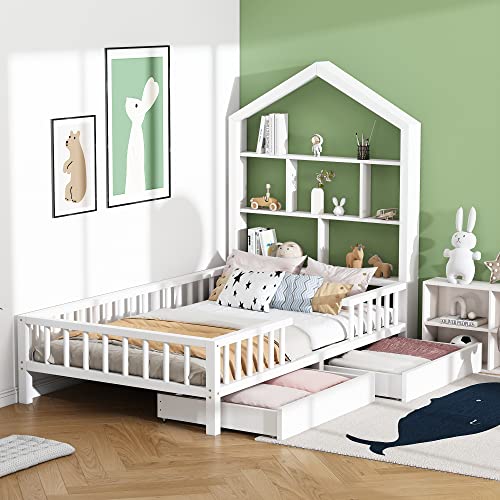 Kayan Hausbett Jugendbett 200x90 Funktionsbett mit Bücherregal Ablage mit Fallschutz Multifunktionsholz Kinderbett Jungen und Mädchen Weiß Schubladen Massivholz Kinderbett mit Lattenrost von Kayan