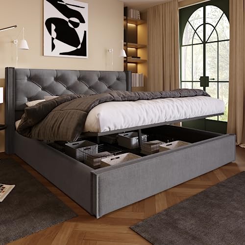 Kayan Hydraulisch Doppelbett Polsterbett 140x200cm, Bett mit Lattenrost aus Metallrahmen, Modernes Bettgestell mit Stauraum, Baumwolle (Grau, 140x200cm) von Kayan