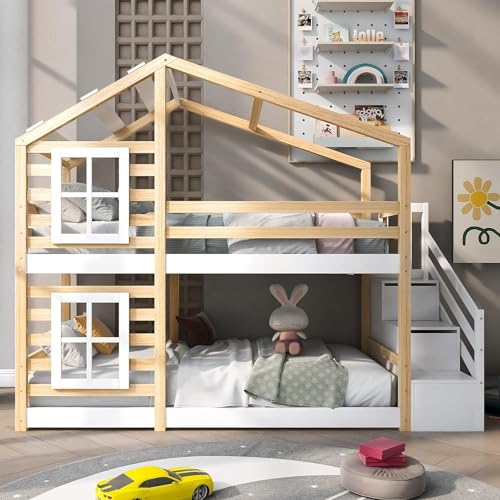 Kayan Kinderbett Baumhaus mit Schublade und Rausfallschutz 90 x 200 cm, Hochbett für Kinder– 2X Lattenrost- Natur & Weiß von Kayan