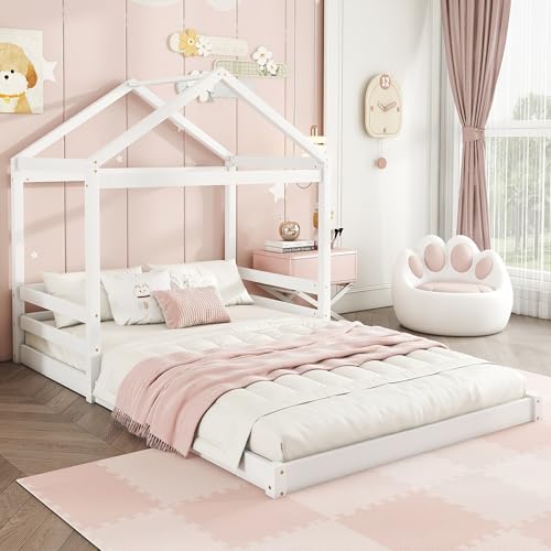 Kayan Kinderbett Bodenbett 140 x 200 cm mit Rausfallschutz & Lattenrost, Hausbett aus Kiefernholz, Holzbett für Kinder, Jungen und Mädchen, ohne Matratze (Weiß) von Kayan