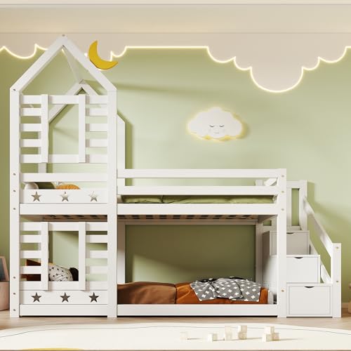 Kayan Kinderbett Etagenbett 90 x 200cm, Baumhaus mit Schublade und Rausfallschutz, Hochbett für Kinder– 2X Lattenrost- Weiß von Kayan