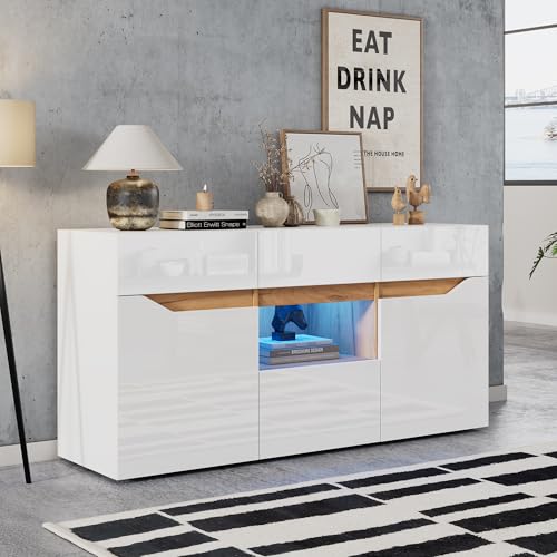 Kayan Kommode, Hochglanz Sideboard mit 2 Türen, 4 Schubladen und 1 offenes Regal, Schrank mit LED-Beleuchtung, Mehrzweckschrank für Wohnzimmer und Schlafzimmer, 140 x 40 x 70 cm, Weiß Kayan Kommode, Hochglanz Sideboard mit 2 Türen, 4 Schubladen und 1 offenes Regal, Schrank mit LED-Beleuchtung, Mehrzweckschrank für Wohnzimmer und Schlafzimmer, 140 x 40 x 70 cm, Weiß von Kayan