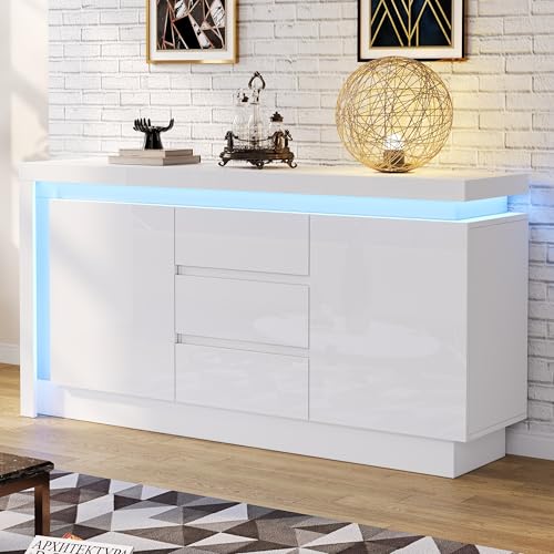 Kayan Kommode, Hochglanz Sideboard mit 2 Türen und 3 Schubladen, LED Beleuchtung (App Control), Mehrzweckschrank für Wohnzimmer und Schlafzimmer, 140 x 35 x 72 cm, Weiß von Kayan