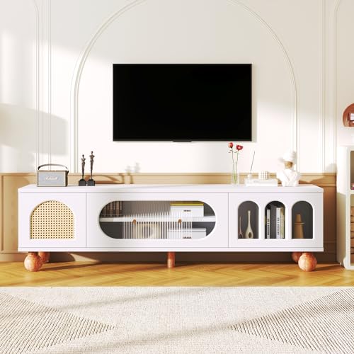 Kayan Moderner TV Schrank, Fernsehtisch mit 1 Schließfach und 3 Offenen Bogenbereichen, Glasschiebetür, Hochglänzendes TV Lowboard für Wohnzimmer und Esszimmer von Kayan