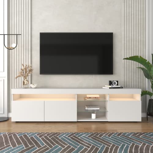 Kayan Moderner TV Schrank, Fernsehtisch mit 3 Schließfach und 5 offenes Regal, 180cm lang, Helles Panel, LED-TV-Lowboard für Wohnzimmer und Esszimmer (Weißer) von Kayan
