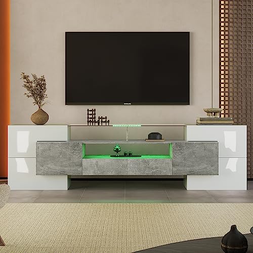 Kayan Moderner TV Schrank, Fernsehtisch mit 6 Schließfach, 2 Schublade und 3 offenes Regal, 200cm lang, Hochglänzendes LED-TV-Lowboard für Wohnzimmer und Esszimmer (Grau) von Kayan