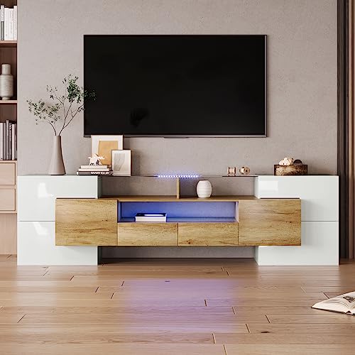 Kayan Moderner TV Schrank, Fernsehtisch mit 6 Schließfach, 2 Schublade und 3 offenes Regal, 200cm lang, Hochglänzendes LED-TV-Lowboard für Wohnzimmer und Esszimmer (Natürliche) von Kayan
