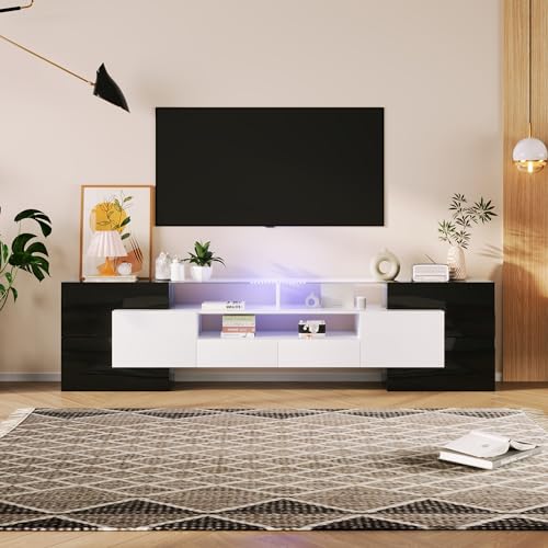 Kayan Moderner TV Schrank, Fernsehtisch mit 6 Schließfach, 2 Schublade und 3 offenes Regal, 200cm lang, Hochglänzendes LED-TV-Lowboard für Wohnzimmer und Esszimmer (Schwarz) von Kayan