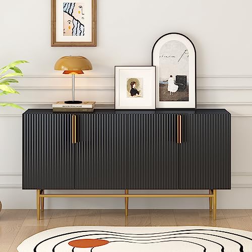 Kayan Modernes Sideboard Wohnzimmer mit 4 Türen Küchenschrank Holz Beistellschrank, Anrichte, mit Goldfarbenen Metallbeinen Eingangsschrank Für Esszimmer (Schwarz) von Kayan