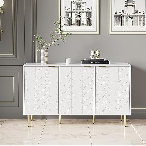 Kayan Modernes Sideboard mit vergoldeten Beinen und Griffen,Kommode, lackiert,Abgerundete Ecken,für Schlafzimmer, Wohnzimmer und Badzimmer,Blumenmuster,2 Etagen und 6 Fächer,127B*45T*75H, weiß von Kayan