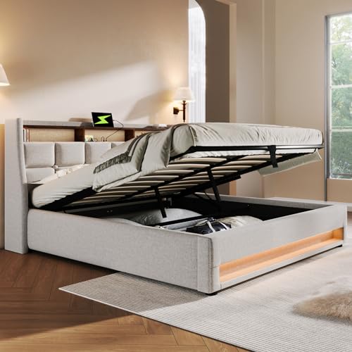 Kayan Polsterbett 140x200cm, Doppelbett mit Stauraum und Lattenrost, LED Kopfteil mit USB Ladefunktion, Stauraumbett Funktionsbetten Rückenlehne Bettgestell, Leinen (Beige, 140x200cm) von Kayan