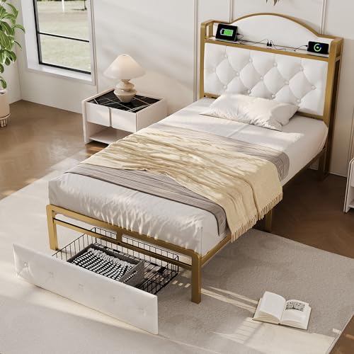 Kayan Polsterbett Einzelbett 90x200cm, Stauraumbett mit Kopfteil-USB C und Stauraum Schubladen, Modern Bett Bettgestell mit Lattenrost aus Metallrahmen, Leinen (Beige, 90x200cm) von Kayan