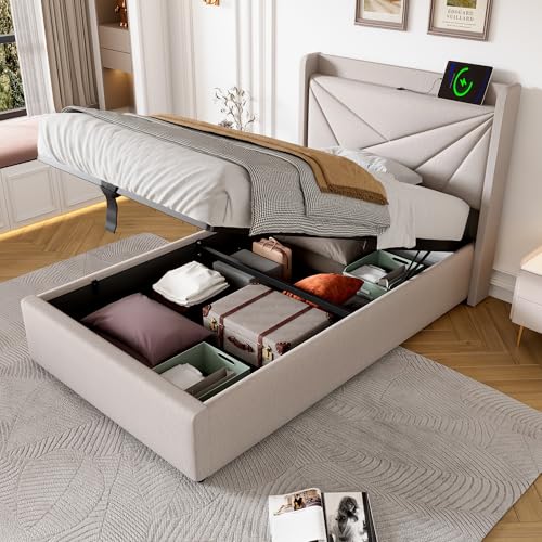 Kayan Polsterbett Einzelbett Stauraum Bettkasten mit USB Typ C Ladefunktion Kopfteil, Stauraumbetten Bettgestell aus Leinenmaterial Jugendbett mit lattenrost, Ohne Matratze (90 x 200 cm, Beige) von Kayan