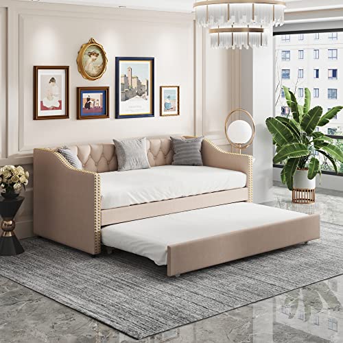 Kayan Polsterbett Kinderbett 90x200, Ausziehbares Schlafsofa Strapazierfähiger Leinenstoff Jugendbett Kinderbett Gästebett (Beige) von Kayan